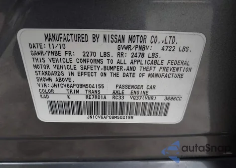 2011 Infiniti G37 Journey from USA, damaged, VIN JN1CV6AP0BM504155